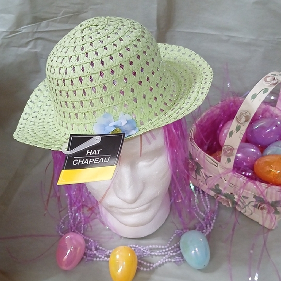Kids Green Straw Hat with Blue Flower, Easter Wear - Picture 3 of 5
